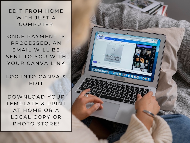 May include: A person is using a laptop computer to edit a design template. The screen shows a Canva design with the text "Once you're in a groove, you'll know it". The text on the screen reads "Edit from home with just a computer. Once payment is processed, an email will be sent to you with your Canva link. Log into Canva & edit. Download your template & print at home or a local copy or photo store!"