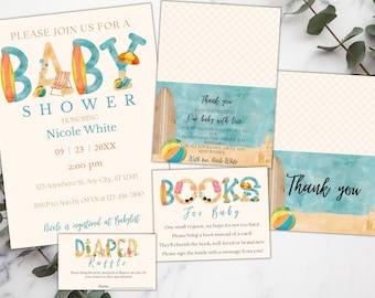 May include: A set of four printable baby shower invitations with a beach theme. The invitations feature a watercolor design with a surfboard, beach umbrella, and beach ball. The text on the invitations reads "Please join us for a baby shower honoring Nicole White".