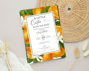 May include: A white baby shower invitation with a green border. The invitation features a floral design with orange slices and white flowers. The text on the invitation reads "A Little Cutie is on the Way!" and includes the name "Nicole White", the date "Sept 28, 2023", and the time "2 PM".
