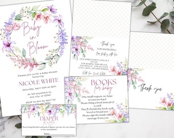 Könnte beinhalten: Ein Satz Babyparty-Einladungen mit floralem Thema. Die Einladungen sind mit Aquarellblumen in Rosa-, Lila- und Grüntönen verziert. Der Text auf den Einladungen lautet "Baby in Bloom", "Bitte nehmen Sie an unserer Babyparty teil, zu Ehren von Nicole White", "Samstag, 12. April um 14:00 Uhr", "In der 123 anywhere st., any city, st 12345", "RSVP an Ann bis zum 1. April 456.7890", "Windel-Tombola", "Bitte bringen Sie dieses Ticket und eine Packung Windeln, in jeder Größe, mit, um die Chance auf einen besonderen Preis zu haben", "Name", "Vielen Dank, dass Sie unsere Babyparty mit uns gefeiert haben", "Unser Dank gilt Ihnen für die Teilnahme an diesem besonderen Tag mit uns. Für all Ihre Liebe, Geschenke und guten Wünsche. Mit Liebe, Nick & Gifts", "Bücher für Baby", "Eine kleine Bitte, wir hoffen, es ist nicht zu schwierig. Bitte bringen Sie ein Buch anstelle einer Karte mit! Sie werden das Buch schätzen, egal ob es geliebt oder brandneu ist. Bitte unterschreiben Sie die Innenseite mit einer Nachricht von Ihnen!" und "Danke".