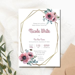 Bee and Flower Baby Shower Invitation. Minimalist. Floral Frame Invitation. Bee Theme. Girl Baby Shower. Editable Instant Download Template