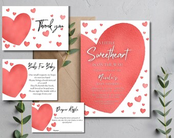 May include: A set of four printable baby shower cards with a pink watercolor heart design. The cards include a thank you card, a book request card, a diaper raffle card, and a baby shower invitation. The invitation reads "A Little Sweetheart is on the Way! Please join us for Nicole's Baby Shower".