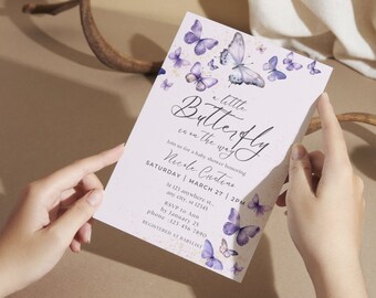 May include: A purple and white baby shower invitation with a butterfly design and the text "little Butterfly is on the way". The invitation includes the name "Nicole Custine" and the date and time of the shower: "SATURDAY | MARCH 27 | 2PM".