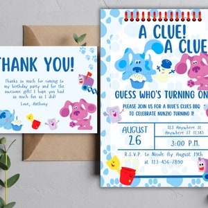 Lot d'invitations d'anniversaire inspirées des indices bleus, premier anniversaire, anniversaire magenta, devinez qui va avoir un anniversaire, carte de remerciement indices bleus
