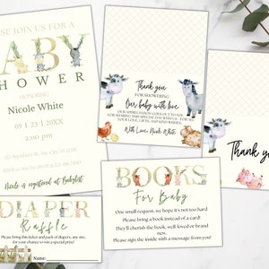 Bewerkbare boerderij baby shower uitnodigingsbundel. Boerderij dieren baby shower uitnodigen. Schuur dieren baby shower uitnodigen luier loterij, boeken voor baby