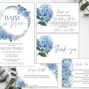 Ensemble d'invitations à la douche de bébé Baby in Bloom. Tombola de couches Baby in Bloom et livres pour bébé, Blue Baby in Bloom. Invitation de bébé de garçon dans la fleur.