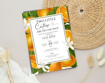 May include: A white baby shower invitation with a green and orange citrus theme. The invitation reads "Two Little Cuties Are On The Way!" and includes the name "Nicole White", the date "Sept 28, 2023", and the time "2 PM".