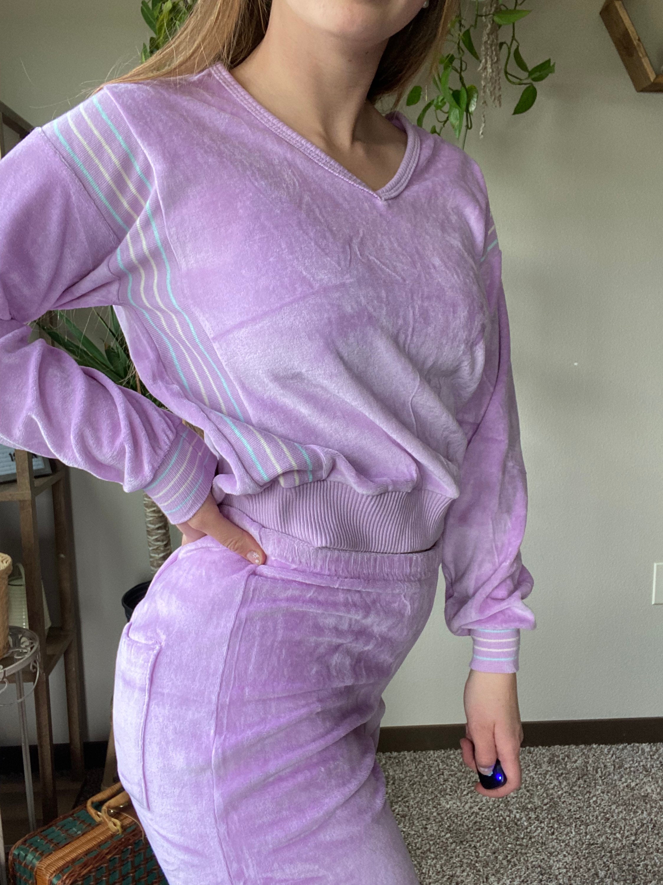 Vintage 80s Lilac Purple Velvet Tracksuit Set Elastic Waist Etsy