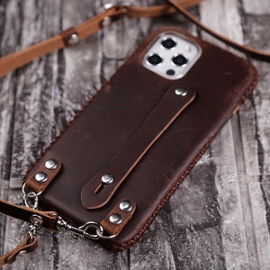 Bandoulière Étui en cuir pour iPhone 16 pro max 16e 15 Plus 15 Pro Max 14 Pro Max 13 Personnaliser 13 mini Cuir pleine fleur minimaliste Marron