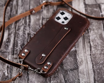 Crossbody strap Leather Case iPhone 16 pro max  16e 15 Plus 15 Pro Max 14 Pro Max 13 Personalize 13 mini Minimalist Full Grain Leather Brown
