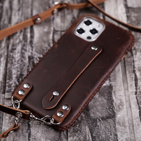 Crossbody strap Leather Case iPhone 15 Plus 15 Pro Max 14 Pro Max 13 pro max 12 X/Xs Personalize 13 mini Minimalist Full Grain Leather Brown