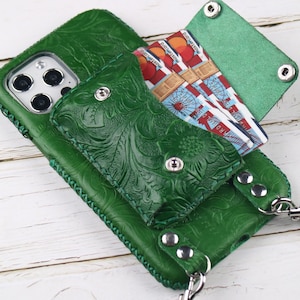 Funda tipo cartera con correa cruzada para iPhone 16e, 16Pro, 15 Pro Max, 15 Plus, 14 Plus, 14 Pro Max, 13 Pro Max/12 Pro Funda de piel con relieve verde