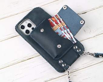 Customised Tooled Galaxy S25 Edge S25+ S25 Ultra S24 Ultra S23 FE S23 S21 S22 Ultra S24 FE case Crossbody strap Full Grain Leather Dark Blue