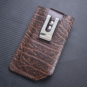 Funda de piel de búfalo hecha a mano para iPhone 16e, 16 Pro Max, iPhone 14 Pro Max, iPhone 8, marrón, con presilla para cinturón, n.° 01