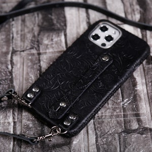 Tracolla Custodia in pelle per iPhone 16e 16 Pro Max 15 Pro Max/15 Plus/14 Pro Max/14 Plus 13 Pro Personalizza Custodia sottile Pelle goffrata Nero