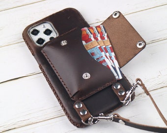 Crossbody strap iPhone 16e/16 Pro/15 Pro Max/15 Plus/14 Pro/14 Pro Max/14 Plus/13 Pro Max/13 mini/12 Pro Max/case Full Grain Leather Brown