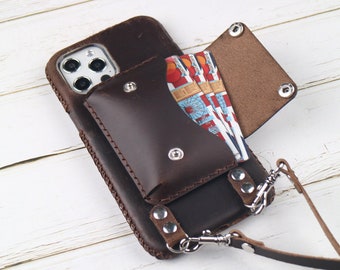 Crossbody strap iPhone 15 Pro Max/15 Plus/14 Pro/14 Pro Max/14 Plus 13/13 Pro Max/13 mini/12/12 Pro/12 Pro Max/case Full Grain Leather Brown