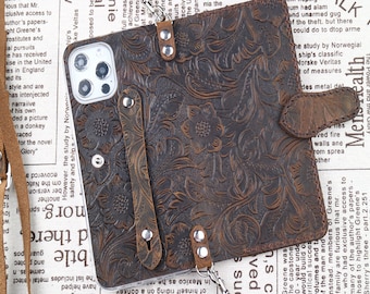 Hand Tooled Samsung Fold Galaxy Z Fold7 Z Fold Special Z Fold6 Z Fold5 Z Fold4 case Crossbody strap Embossed leather Case Yellowish brown