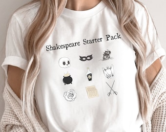 May include: White t-shirt with the text "Shakespeare Starter Pack" and a graphic of various Shakespearean symbols, including a skull, a mask, a cauldron, a rose, a quill, and swords. The shirt is tied at the waist and worn with a beige cardigan.