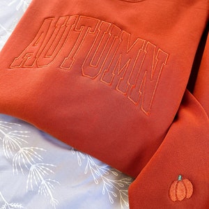 May include: A rust-colored sweatshirt with the word "AUTUMN" embroidered in a large, arched font. A small embroidered pumpkin is on the lower right sleeve.