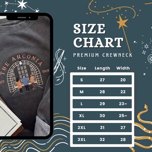 May include: Size chart for a premium crewneck sweatshirt. The chart shows the size, length in inches, and width in inches for sizes S, M, L, XL, 2XL, and 3XL.