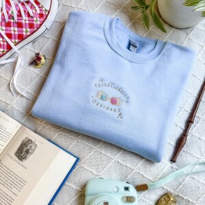 May include: A light blue sweatshirt with the text "Exceptionally Ordinary" and a pair of embroidered glasses with pink and blue lenses.