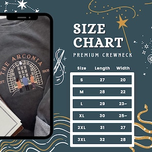 May include: Size chart for a premium crewneck sweatshirt. The chart shows the size, length in inches, and width in inches for sizes S, M, L, XL, 2XL, and 3XL.