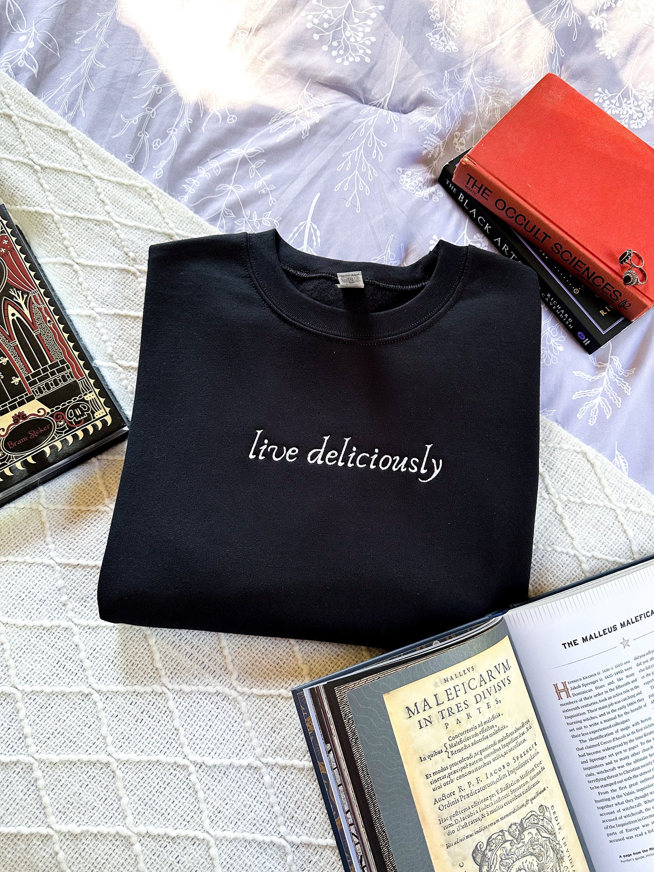 Live Deliciously Embroidered Sweatshirt Baphomet Shirt Black Phillip Hail Satan Horror Shirt Horror Movie Witch Goat Satanic Atheist No God