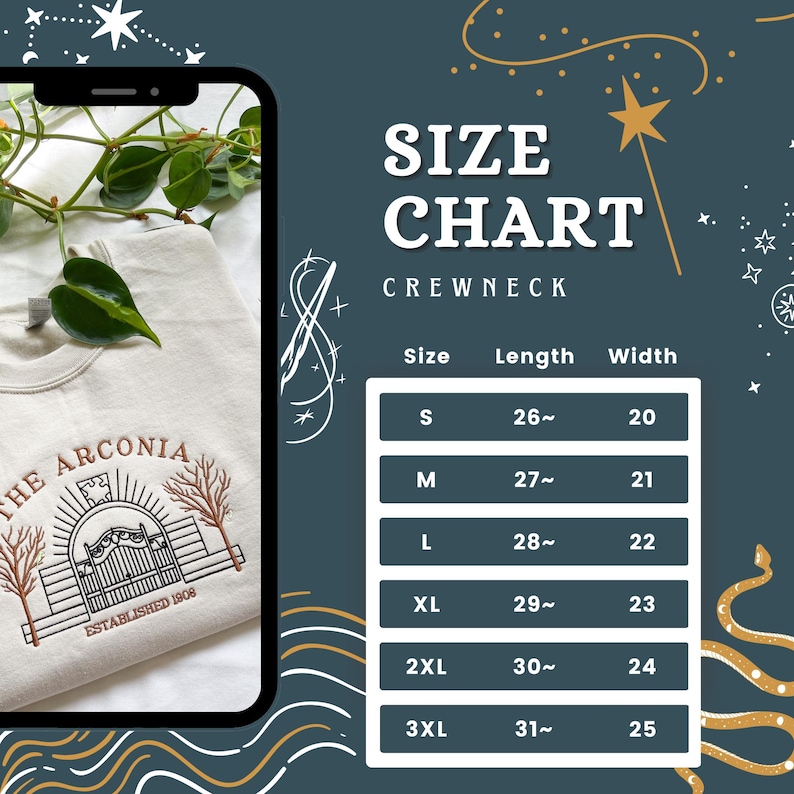 May include: A white crewneck sweatshirt with a brown and orange embroidered design of a gate with the text "The Arconia Established 1906". A size chart is shown with measurements in inches for sizes S through 3XL.