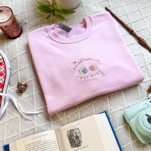 May include: Pink sweatshirt with embroidered text "Exceptionally Ordinary" and a pair of glasses with a lightning bolt design.