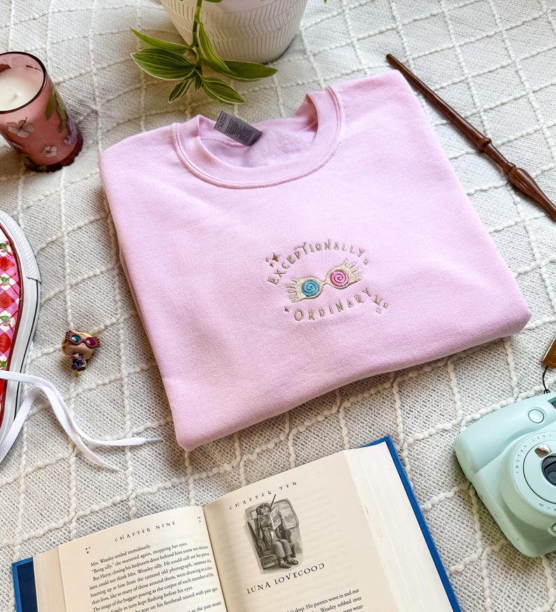 May include: Pink sweatshirt with embroidered text "Exceptionally Ordinary" and a pair of glasses with a lightning bolt design.
