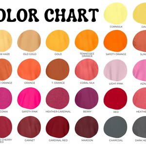 Pu&ograve; includere: Tabella colori con 18 diversi campioni di colore. I colori sono disposti in righe ed etichettati con i loro nomi. I colori includono nebbia gialla, oro vecchio, oro, arancione Tennessee, arancione di sicurezza, tramonto, arancione antico, arancione, arancione T, seta corallo, rosa chiaro, azalea, heliconia, rosa di sicurezza, cardinale di brughiera, bacca, rosso, rosso di brughiera, rosso ciliegia antico, granato, rosso cardinale, mogano, carbone e brughiera scura.