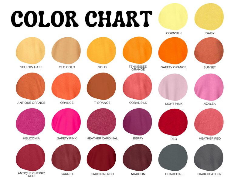 Pu&ograve; includere: Tabella colori con 18 diversi campioni di colore. I colori sono disposti in righe ed etichettati con i loro nomi. I colori includono nebbia gialla, oro vecchio, oro, arancione Tennessee, arancione di sicurezza, tramonto, arancione antico, arancione, arancione T, seta corallo, rosa chiaro, azalea, heliconia, rosa di sicurezza, cardinale di brughiera, bacca, rosso, rosso di brughiera, rosso ciliegia antico, granato, rosso cardinale, mogano, carbone e brughiera scura.