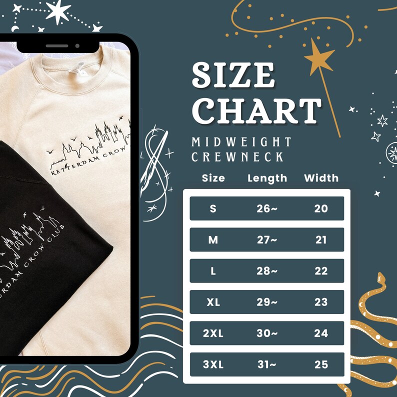 May include: Size chart for a midweight crewneck sweatshirt. The chart shows the size, length in inches, and width in inches. Sizes include S, M, L, XL, 2XL, and 3XL.
