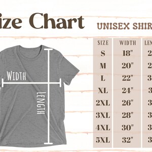Pu&ograve; includere: Tabella delle taglie per una maglietta unisex, che mostra le misure in pollici di larghezza e lunghezza per le taglie S a 5XL.