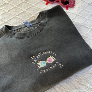 May include: A dark gray sweatshirt with a gold embroidered design of a pair of glasses with the text "Exceptionally Ordinary" around the glasses.