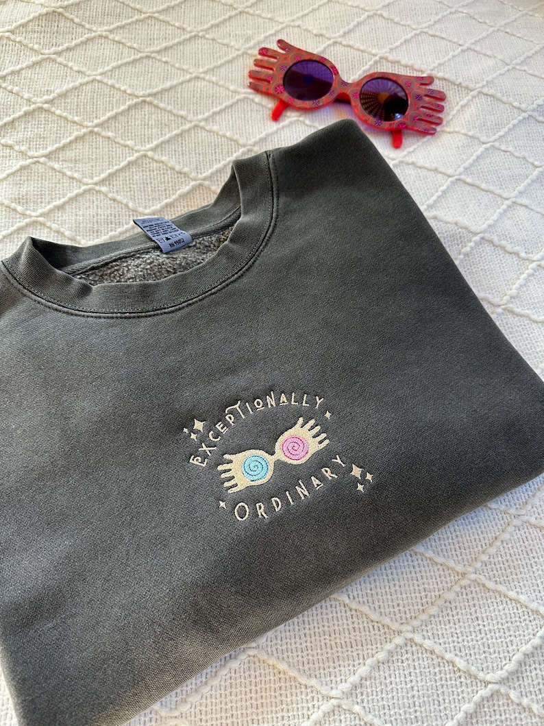 May include: A dark gray sweatshirt with a gold embroidered design of a pair of glasses with the text "Exceptionally Ordinary" around the glasses.