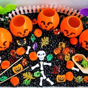 May include: A sensory bin filled with black beans, featuring four orange plastic jack-o'-lantern buckets, a white picket fence, a white skeleton figure, a wooden scoop, wooden tongs, orange pom-poms, and various colorful plastic gems and leaves.