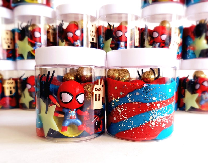 Spiderman Play Dough Jar, Spiderman Party Favors, Playdough Jars