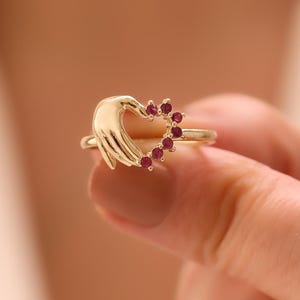 Solid 14k Gold Heart Ring, Ruby Heart Ring, Hand Heart Ring, Natural Ruby, Solid 14k Gold