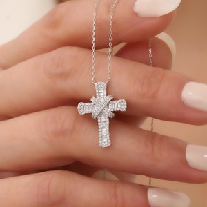 Baguette Diamond Cross Necklace, Diamond Cross Pendant, Solid Gold, Natural Diamond, 0.57ct, Bezel Setting