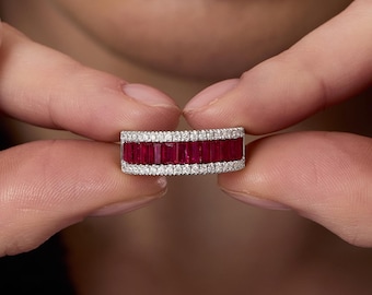 Massief gouden trouwring natuurlijke robijn en diamant