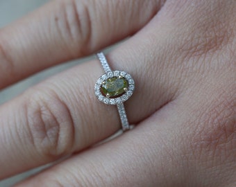 Greenish Fancy Diamond Ring, Green Oval Diamond, .87ct Natural Diamond, Engagement Ring, Solid 14KT Gold