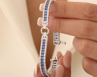 Sapphire And Diamond Tennis Bracelet, Blue Sapphire Bracelet, Natural Sapphire, Natural Diamond, Solid Gold