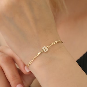 Pulsera con letras de diamantes y oro macizo de 14 k, pulsera con iniciales, pulsera con letras de diamantes, diamante natural, oro macizo de 14 k