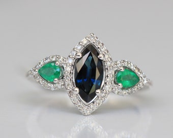 Marquise Sapphire And Diamond Ring, Natural Sapphire, Genuine Diamond, Natural Emeralds, Tria Engagement Ring, Solid Gold