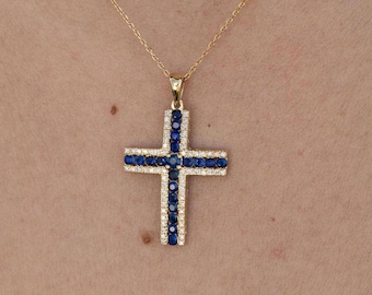 Collana con croce in oro 14k e zaffiro: ciondolo con diamante naturale