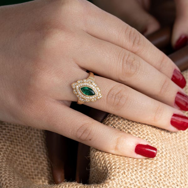 Marquise Emerald Ring: Art Deco Diamond, Solid Gold