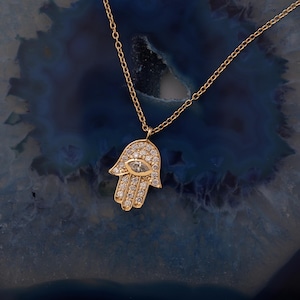 Hand Of Fatima Diamond Necklace, Hamsa Diamond Necklace, Hand Necklace, Natural Diamond, Solid 14kt Gold Hamsa Necklace