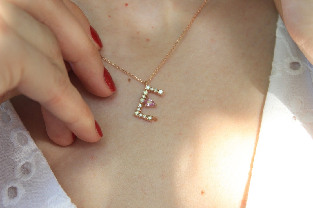 Gold Diamond Initial Necklace E Letter Necklace 14kt Solid Etsy